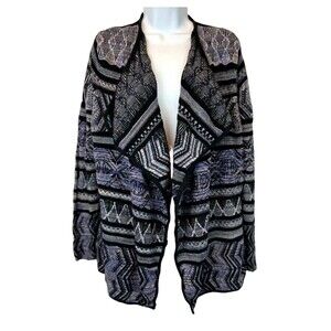 Lucky Lotus Black Pattern Open Draping Women's Sweater Size L Aztec Cardigan
